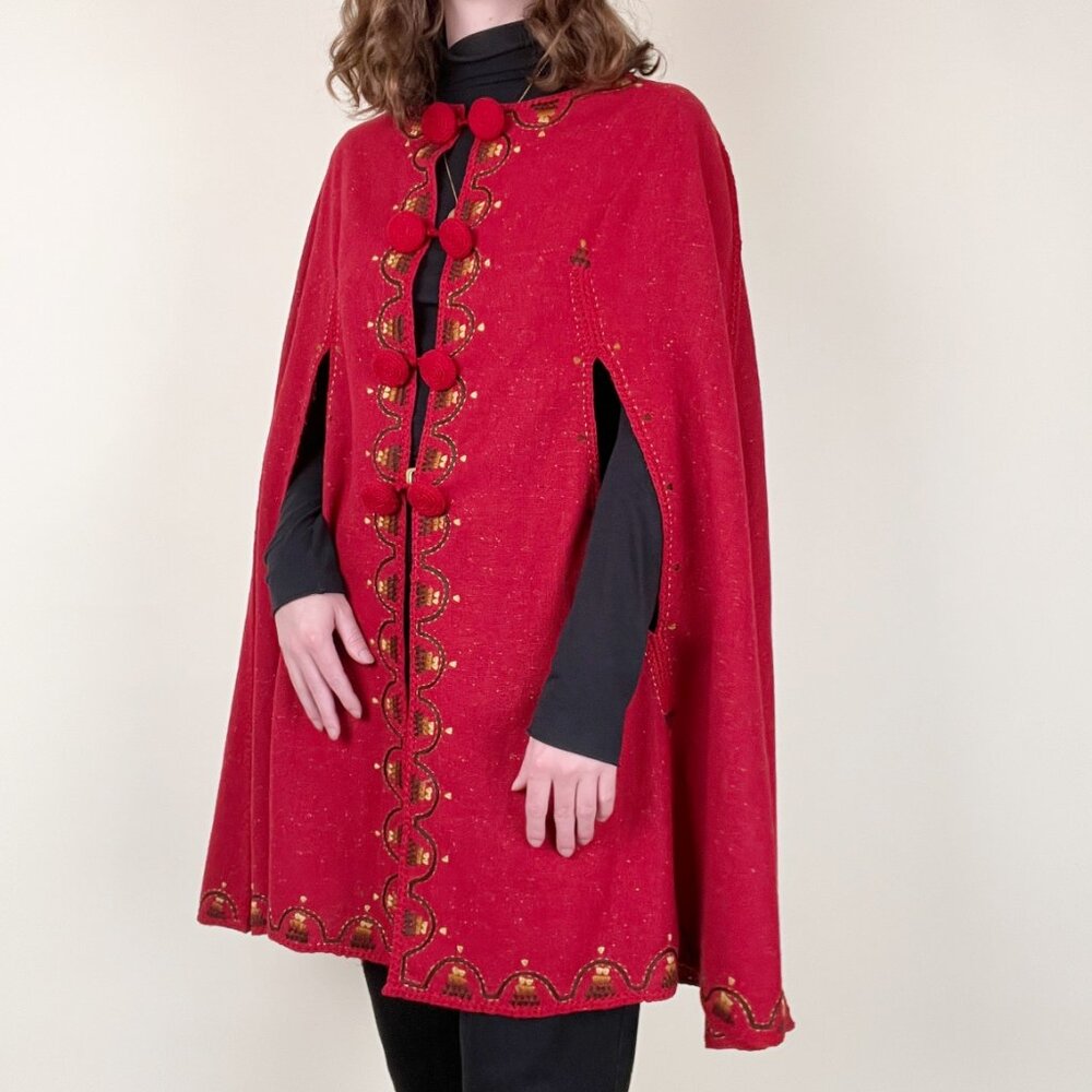 Vintage Handmade Embroidered Poncho Cape Crochet Woven Jacket Coat Cloak Long - Picture 3 of 5